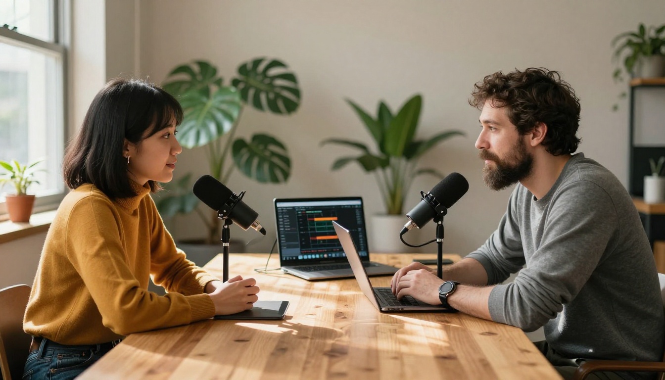 Podcast recording session with two creators at a wooden table in warm natural daylight Podcast recording session with two creators at a wooden table in warm natural daylight