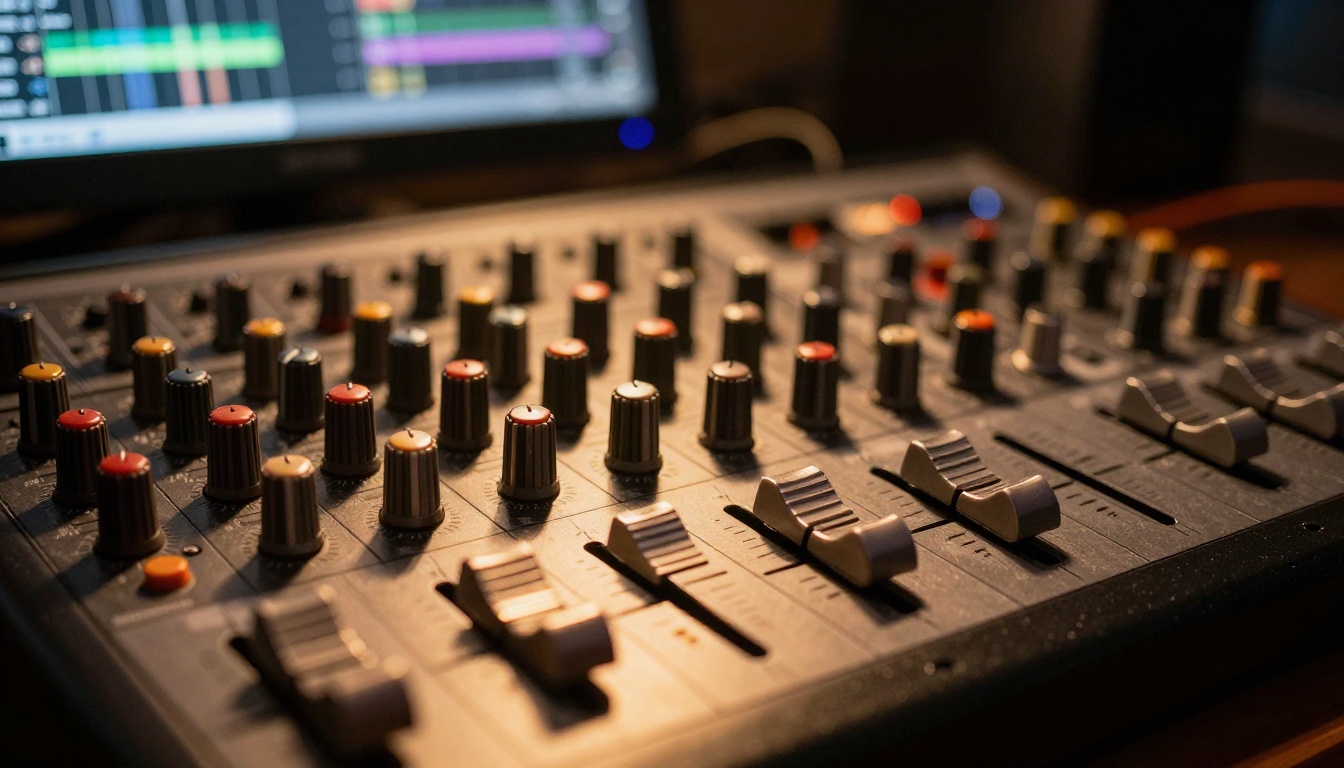 Professional audio mixing board in a studio Professional audio mixing board in a studio