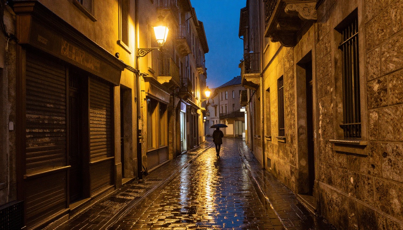 Street-level view of a rain-soaked European alley at night, warm lamppost reflections on wet cobblestones, lone figure walking away with umbrella, 28mm f/2 lens, Kodak Portra 400, 8K photorealistic