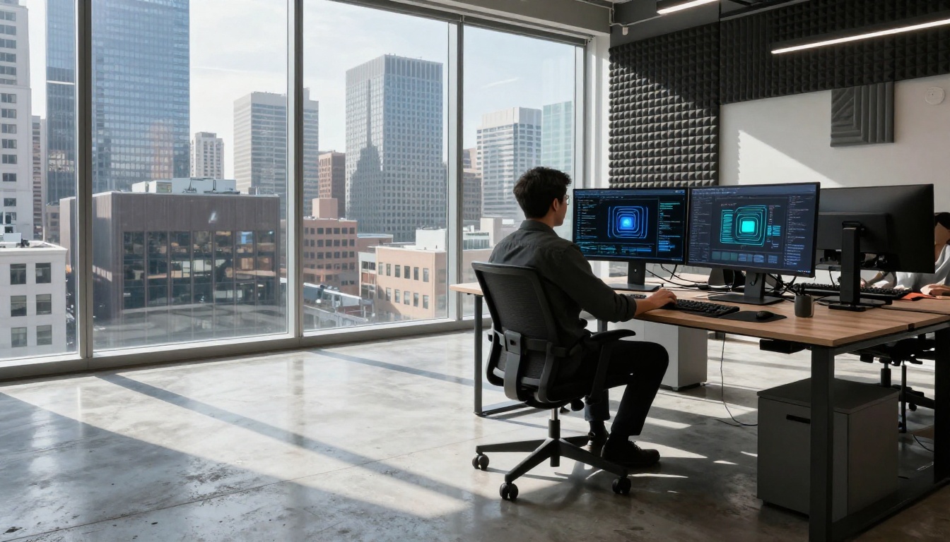 Wide-angle modern tech office with city skyline and developer at standing desk with dual monitors Wide-angle modern tech office with city skyline and developer at standing desk with dual monitors
