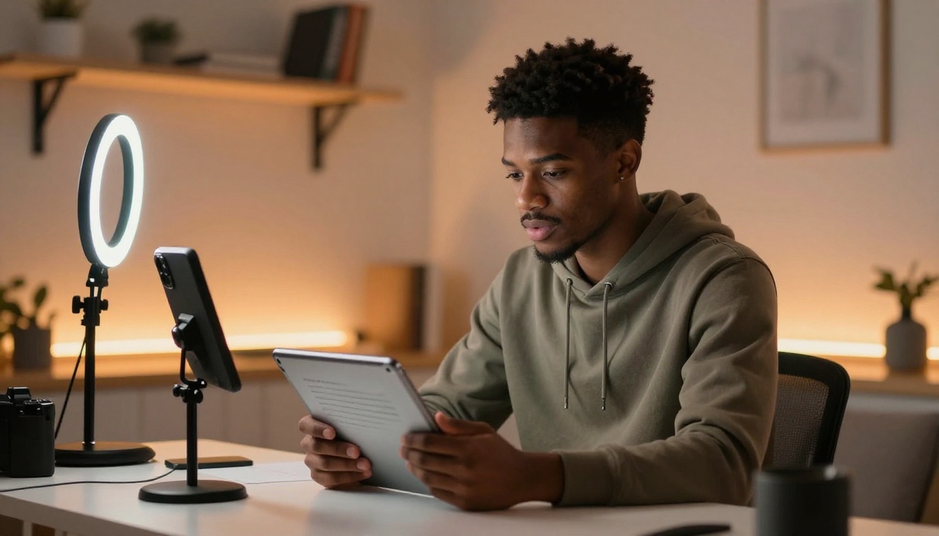 Young content creator reviewing an AI-generated script on a tablet in a bedroom studio setup Young content creator reviewing an AI-generated script on a tablet in a bedroom studio setup