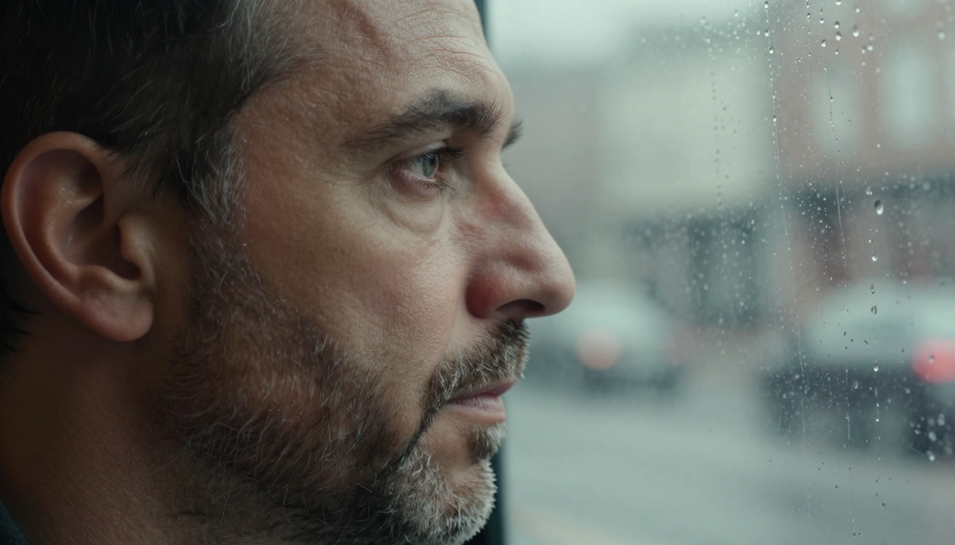 Side profile portrait of a middle-aged man with salt-and-pepper stubble looking out a rain-streaked window, Rembrandt lighting, 85mm f/1.4, extraordinary skin and stubble texture detail, 8K photorealistic