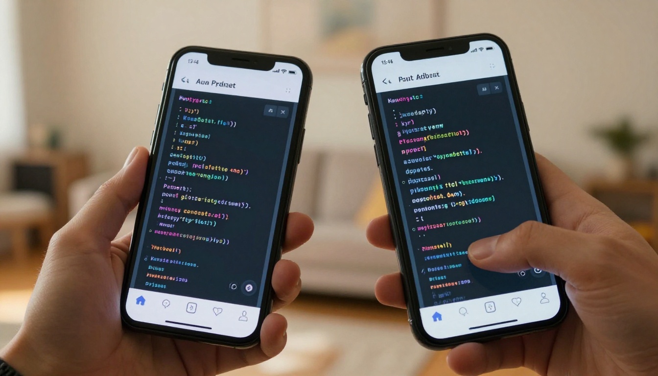 Two smartphones side by side showing AI coding interfaces in warm indoor light