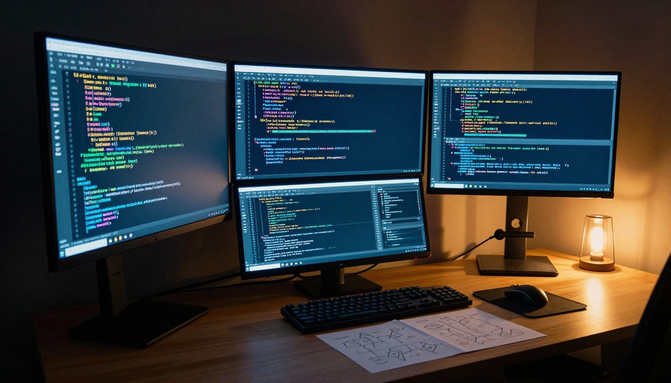 Triple monitor developer setup from low angle with code glow lighting the ceiling Triple monitor developer setup from low angle with code glow lighting the ceiling
