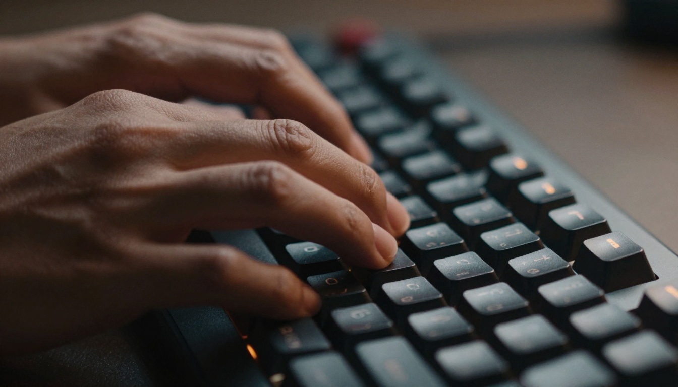 Close-up of hands with warm amber side-lighting typing on a backlit mechanical keyboard Close-up of hands with warm amber side-lighting typing on a backlit mechanical keyboard