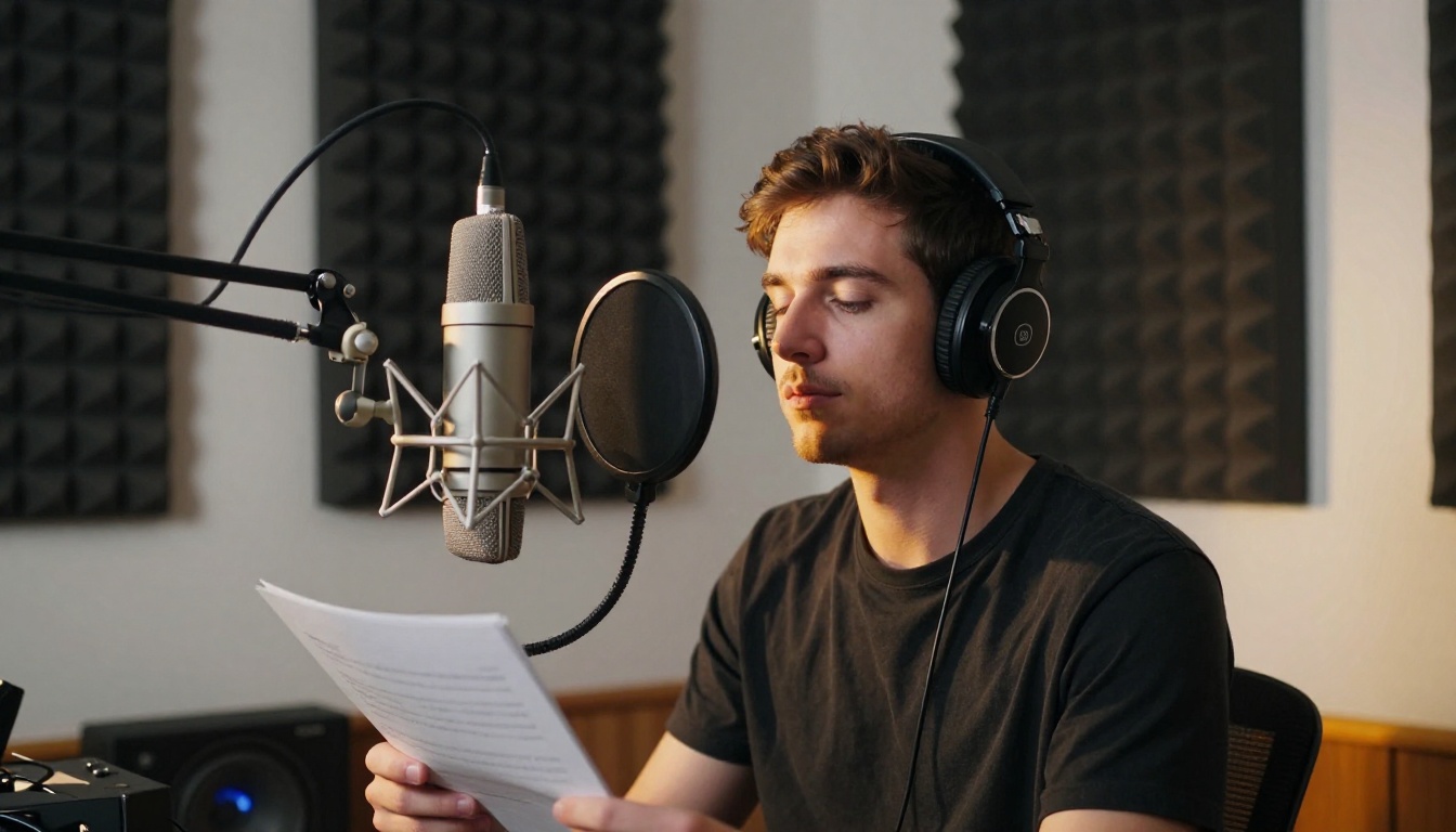 Man recording vocals in a home studio with condenser microphone Man recording vocals in a home studio with condenser microphone