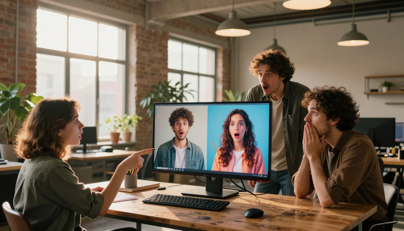 Diverse group of creative professionals gathered around a large monitor showing AI-generated image comparisons in a modern studio with exposed brick walls, warm afternoon light, 35mm f/2, Kodak Portra 400