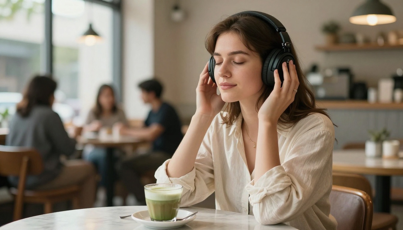 Woman listening to AI-generated music with headphones in a cafe Woman listening to AI-generated music with headphones in a cafe