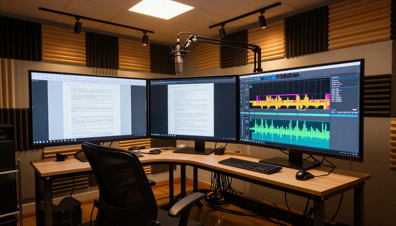 Wide-angle shot of a professional production studio with ultrawide monitor showing a script alongside an audio waveform