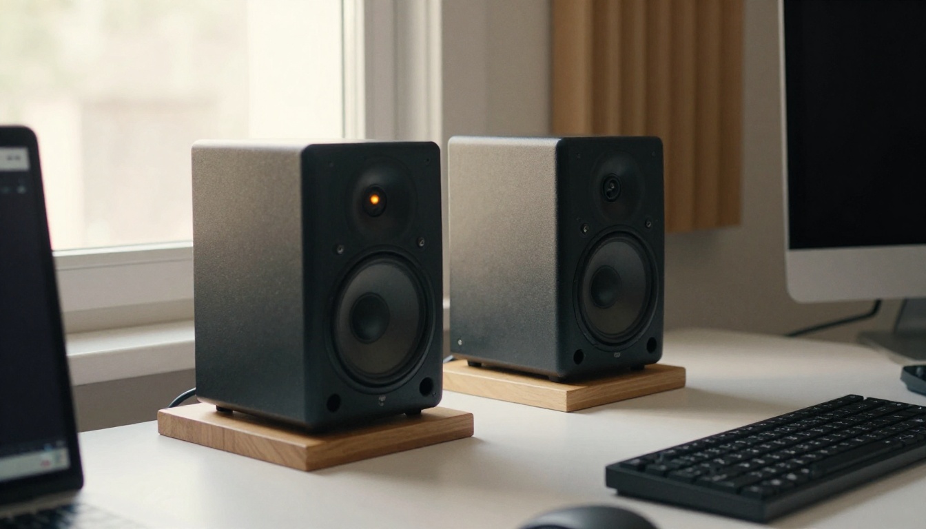 Studio monitor speakers on a professional desk