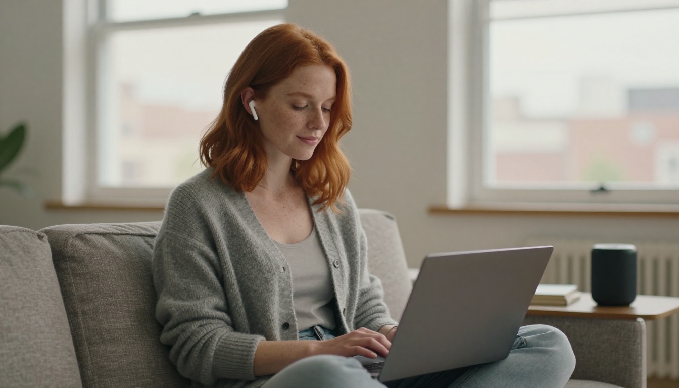 Woman listening to AI-generated audio narration on a laptop while seated on a sofa with natural light Woman listening to AI-generated audio narration on a laptop while seated on a sofa with natural light