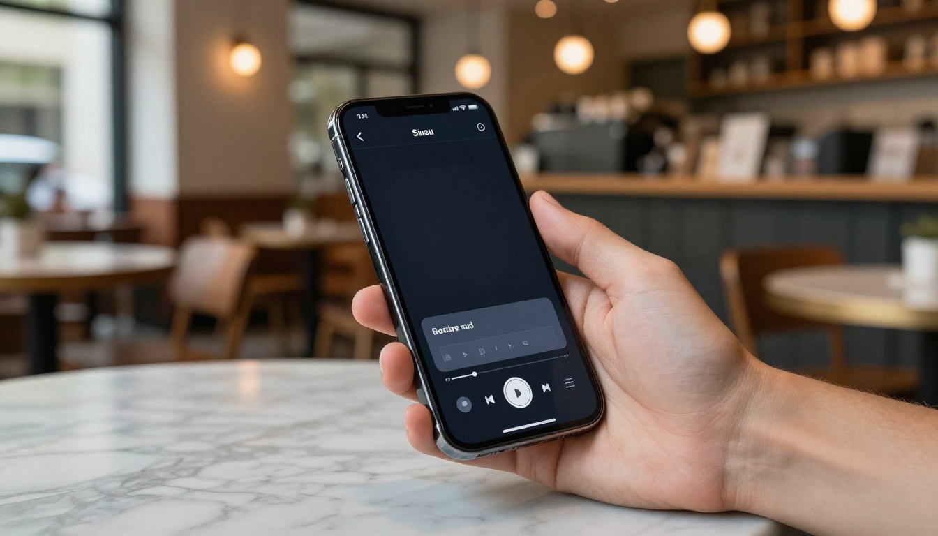 Smartphone showing AI music generation interface in coffee shop
