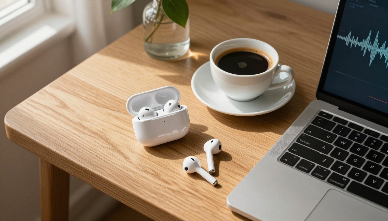 Wireless earbuds next to coffee and laptop for AI music listening
