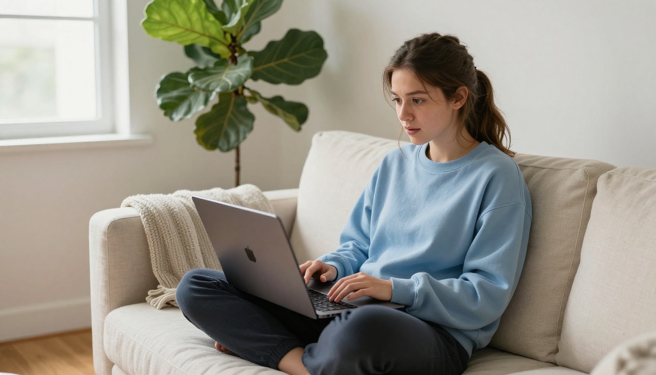 Young woman creating music on laptop at home, relaxed on couch