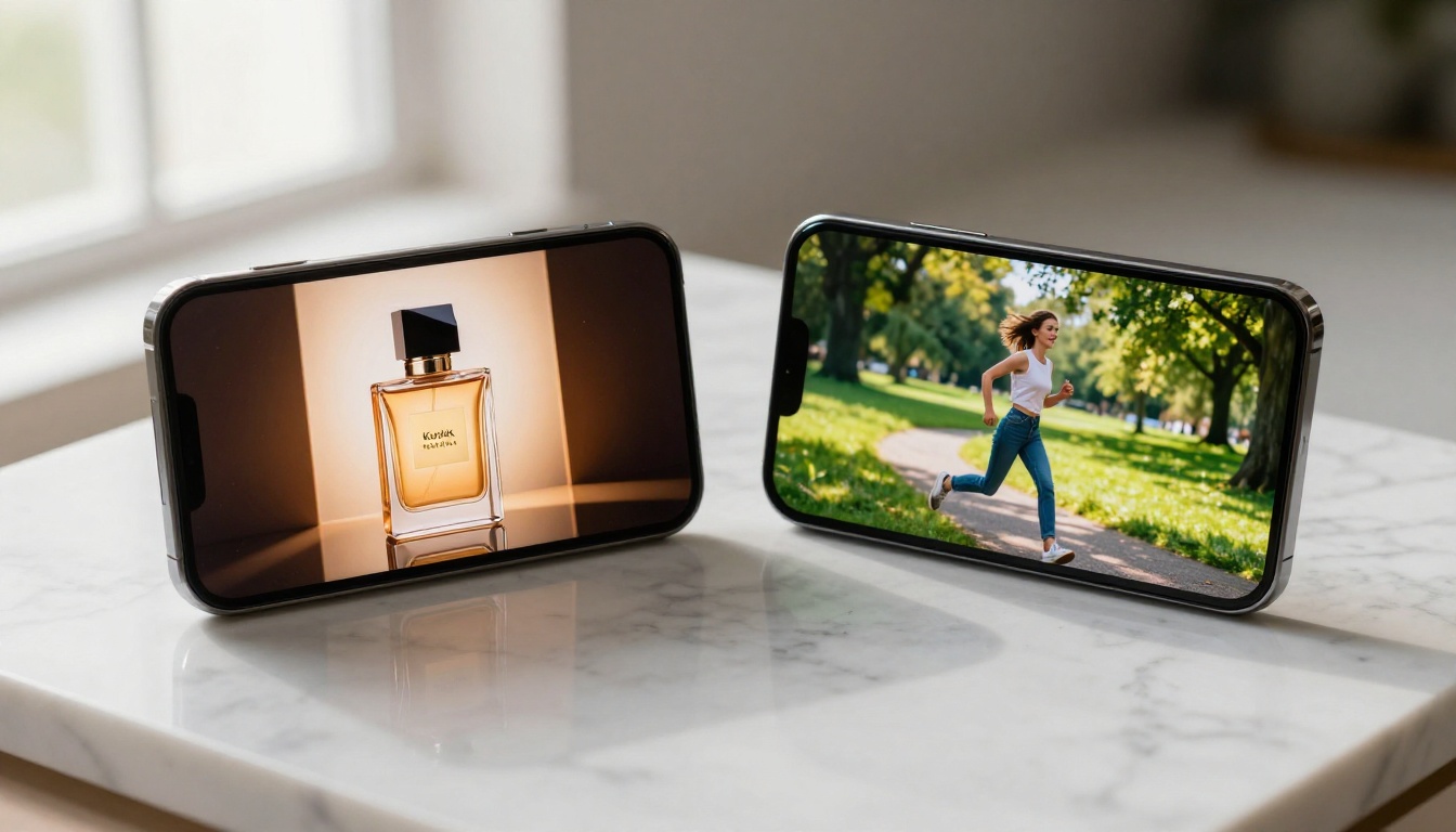 Two premium smartphones side by side on white marble displaying vibrant AI-generated video ad frames in product photography setup