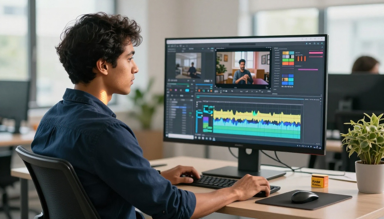 Male creative director reviewing AI-generated video ad timeline on large monitor in bright open studio space