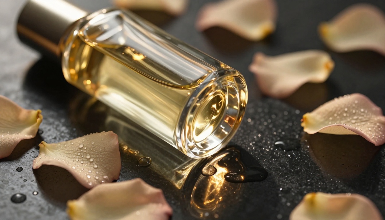 Low-angle close-up of luxury glass perfume bottle on reflective stone surface surrounded by rose petals with water droplets