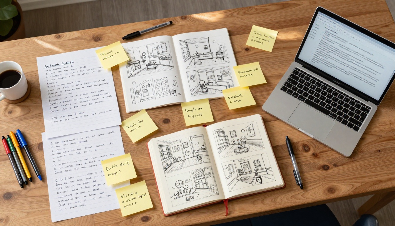 Aerial overhead view of creative workspace with storyboard sketchbook, handwritten ad script notes, and open laptop with prompt input interface
