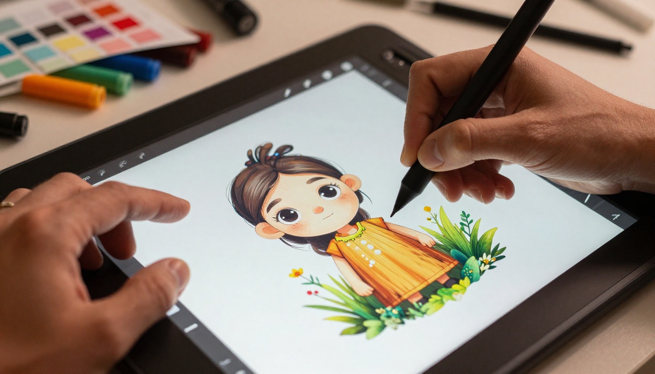 Graphic designer's hands on a Wacom tablet with AI-generated artwork on screen