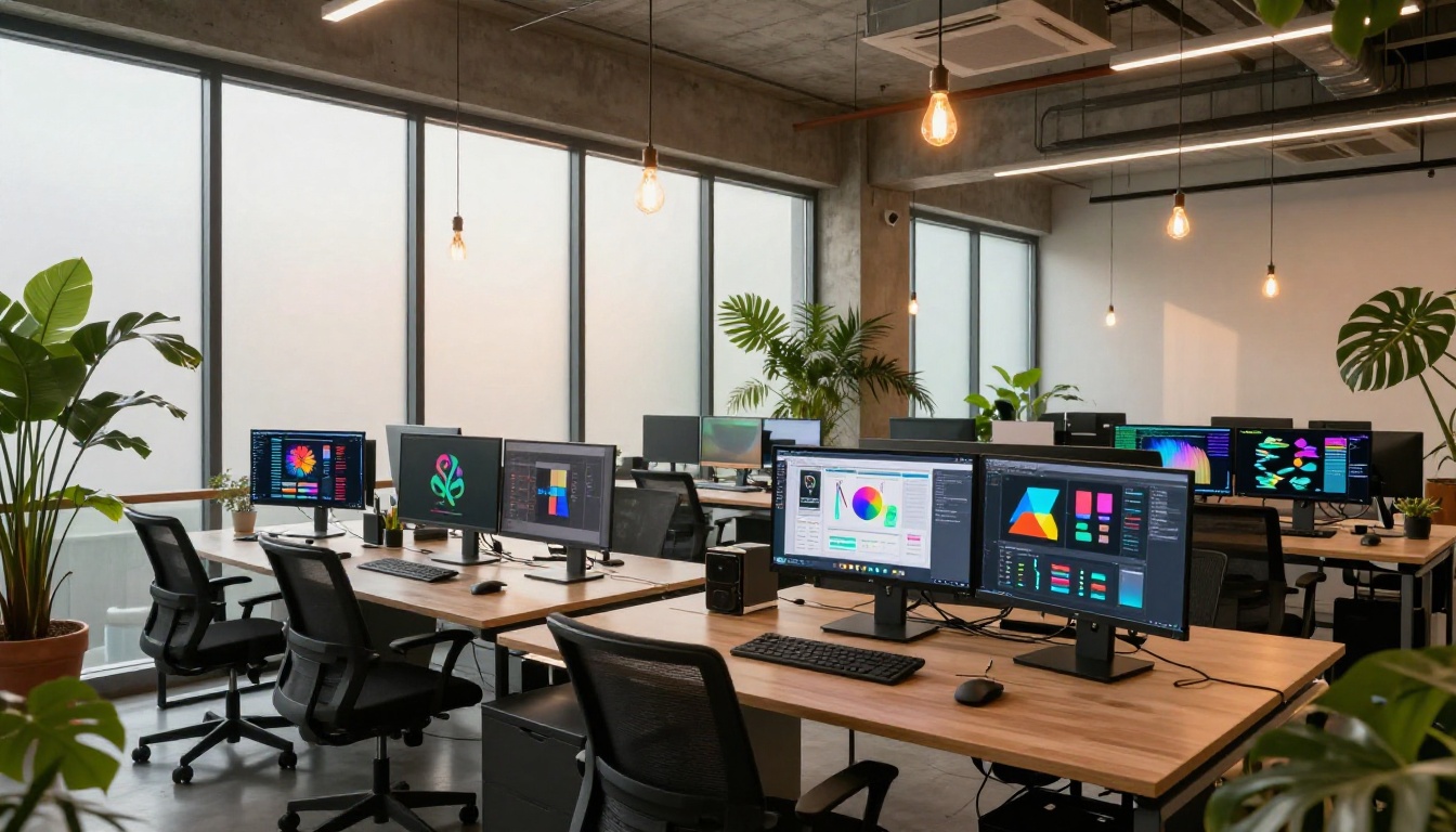Modern creative studio with multiple designers working on AI-generated projects at their desks