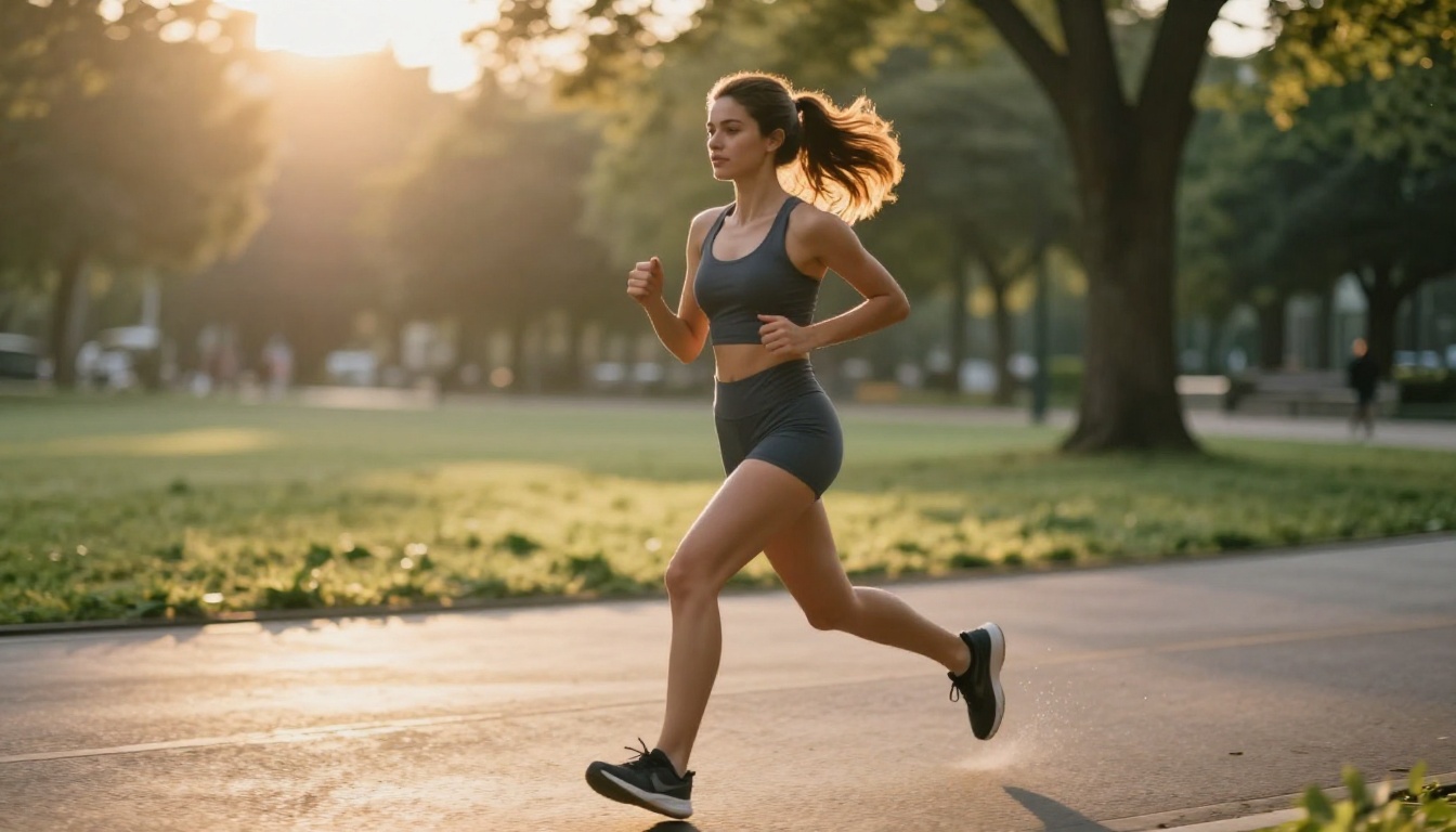 Young woman in activewear running through sunlit urban park path at golden hour with warm rim lighting Young woman in activewear running through sunlit urban park path at golden hour with warm rim lighting
