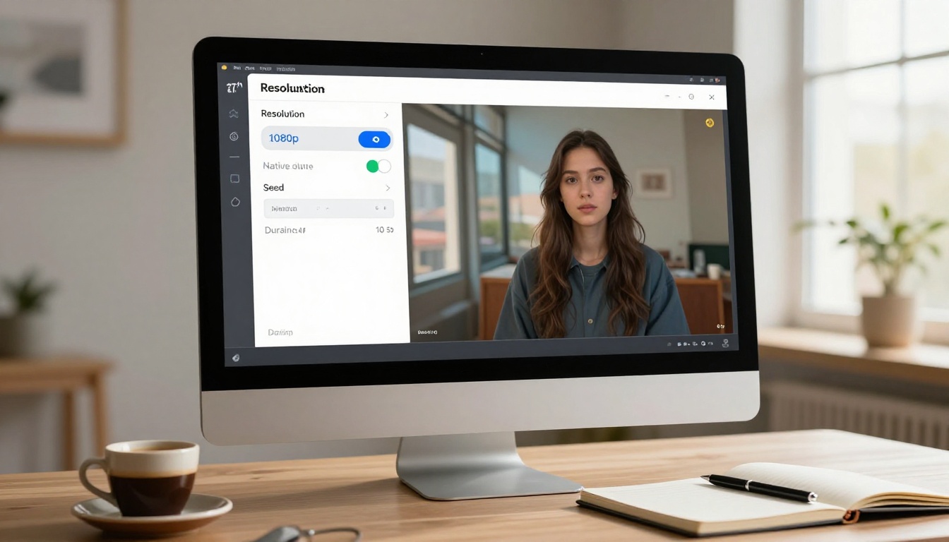 Close-up of desktop monitor showing AI video generation interface with settings panel including resolution toggle and native audio enabled