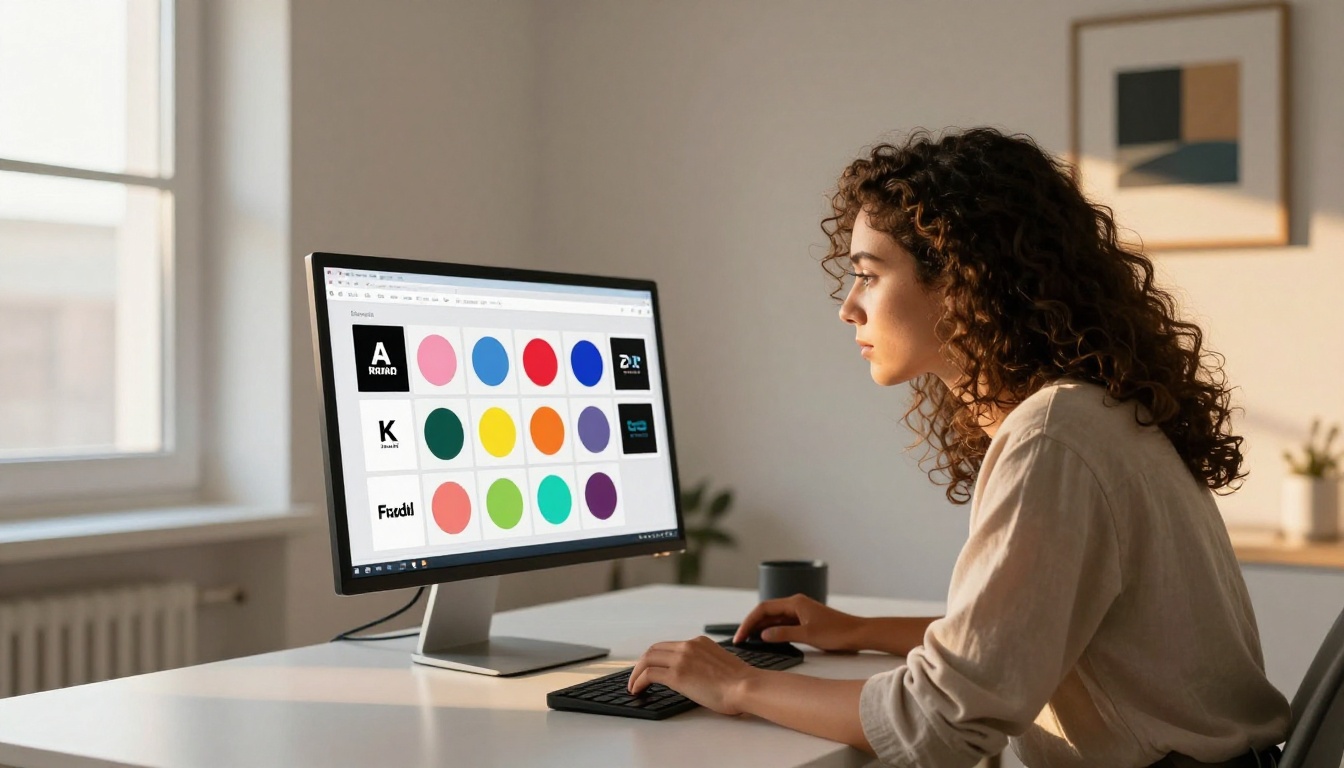 Young female graphic designer concentrating on AI-generated brand logo system displayed on her monitor