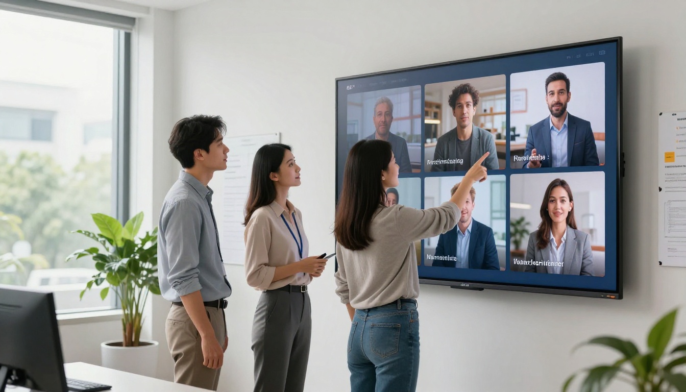 Two marketing professionals reviewing AI-generated video ad thumbnails displayed on large office wall screen Two marketing professionals reviewing AI-generated video ad thumbnails displayed on large office wall screen