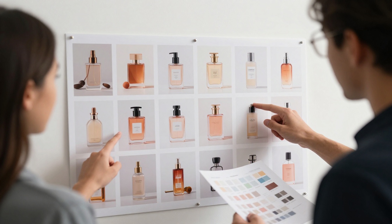 Designers reviewing a grid of AI-generated product images on a lightbox display in a professional studio