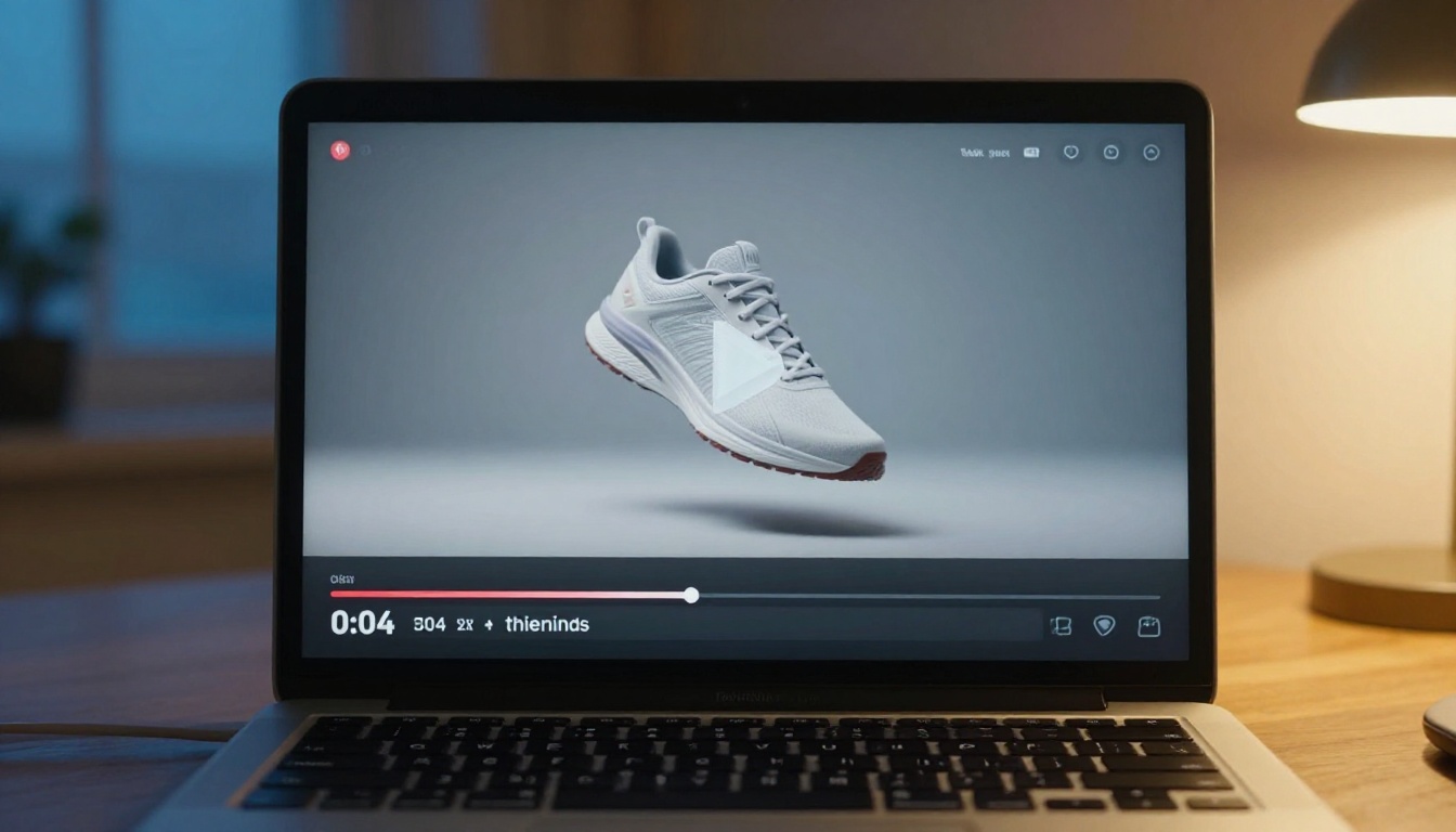 Laptop screen in dimly lit home office displaying paused AI video ad of athletic sneaker on streaming platform interface with split blue and warm lamp lighting Laptop screen in dimly lit home office displaying paused AI video ad of athletic sneaker on streaming platform interface with split blue and warm lamp lighting