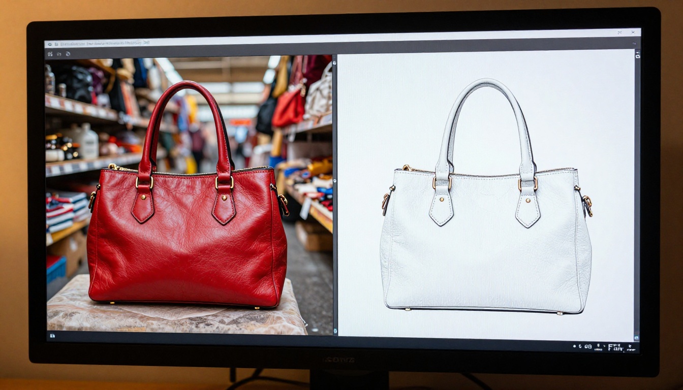 Close-up monitor displaying detailed before-and-after AI background removal comparison with precise edge masking