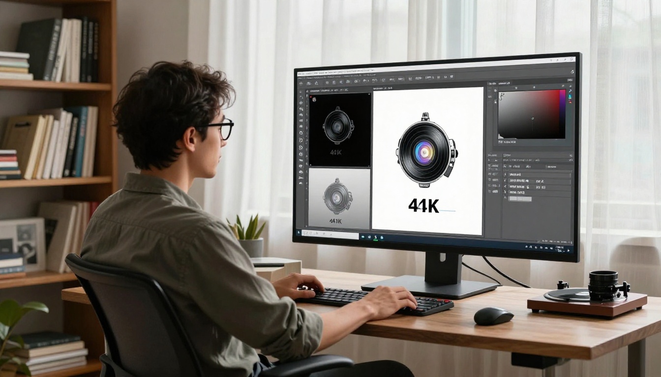 Male designer with dark-frame glasses comparing upscaled image resolution on a large studio monitor