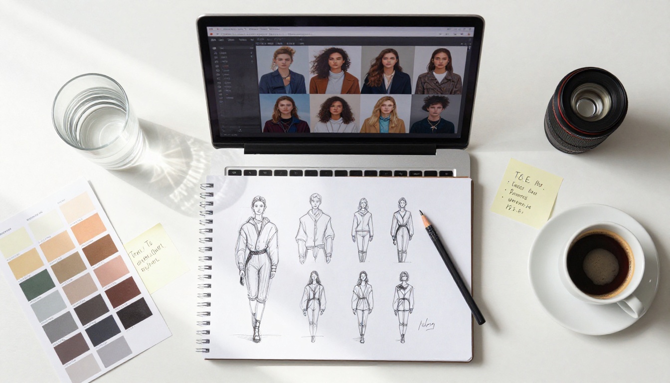 Aerial flat-lay of a designer's desk with mood board, Pantone color fans, MacBook with AI interface, and sketchbook