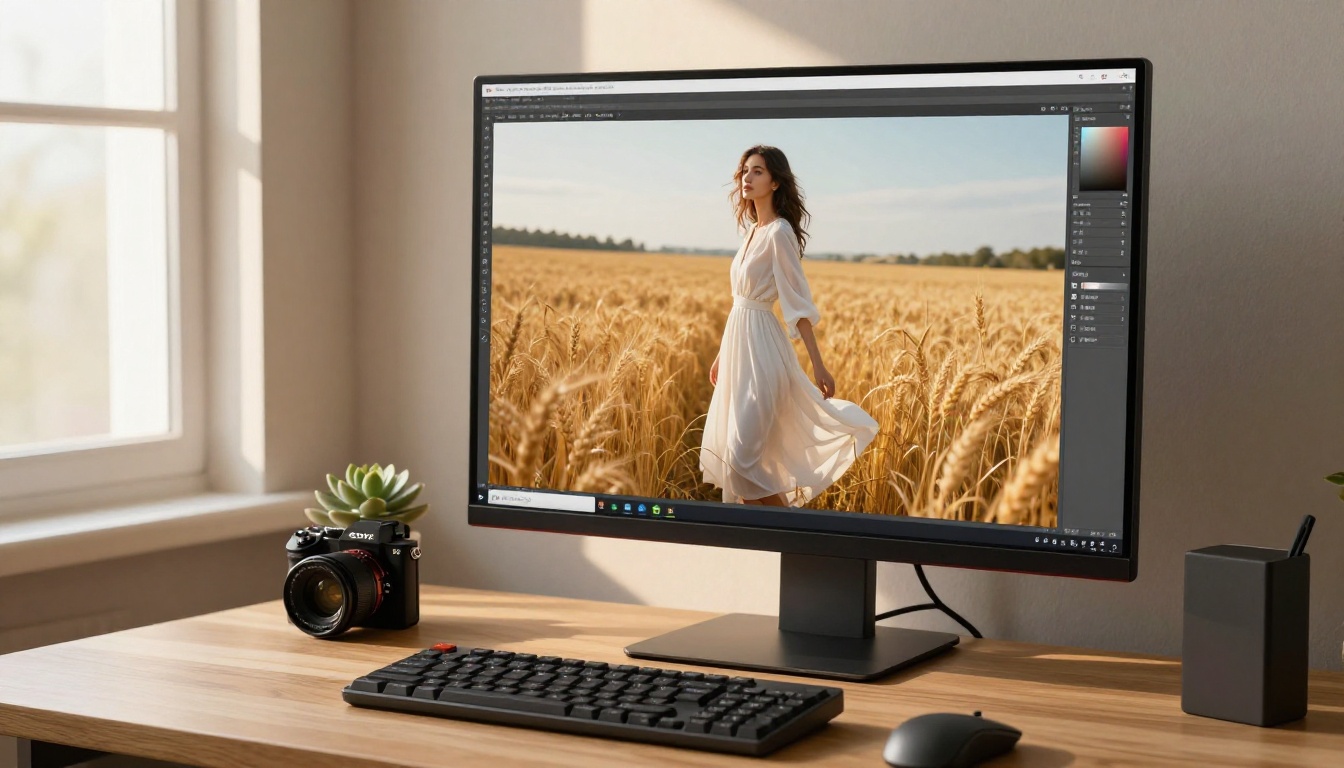 Studio monitor displaying an AI-enhanced cinematic visual effects composite of a woman in a wheat field