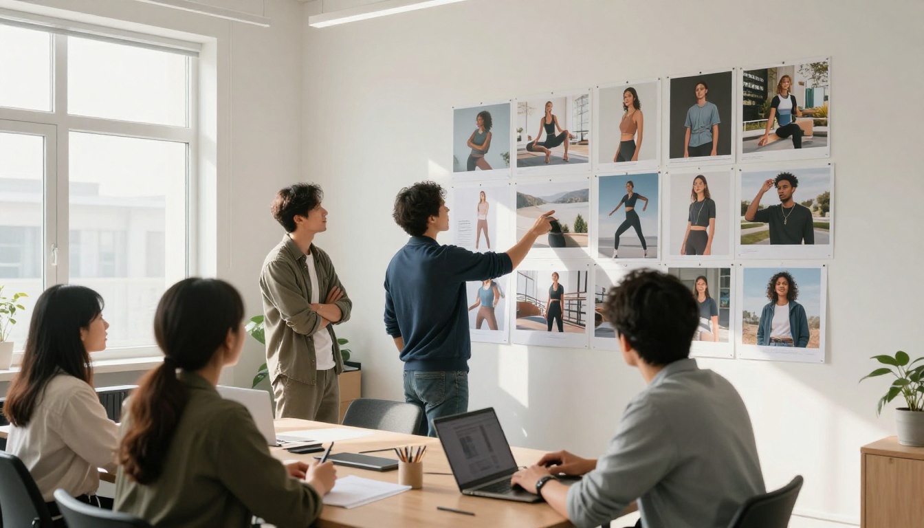 Creative team of three designers reviewing large AI-generated campaign visuals pinned to a wall board in a studio meeting
