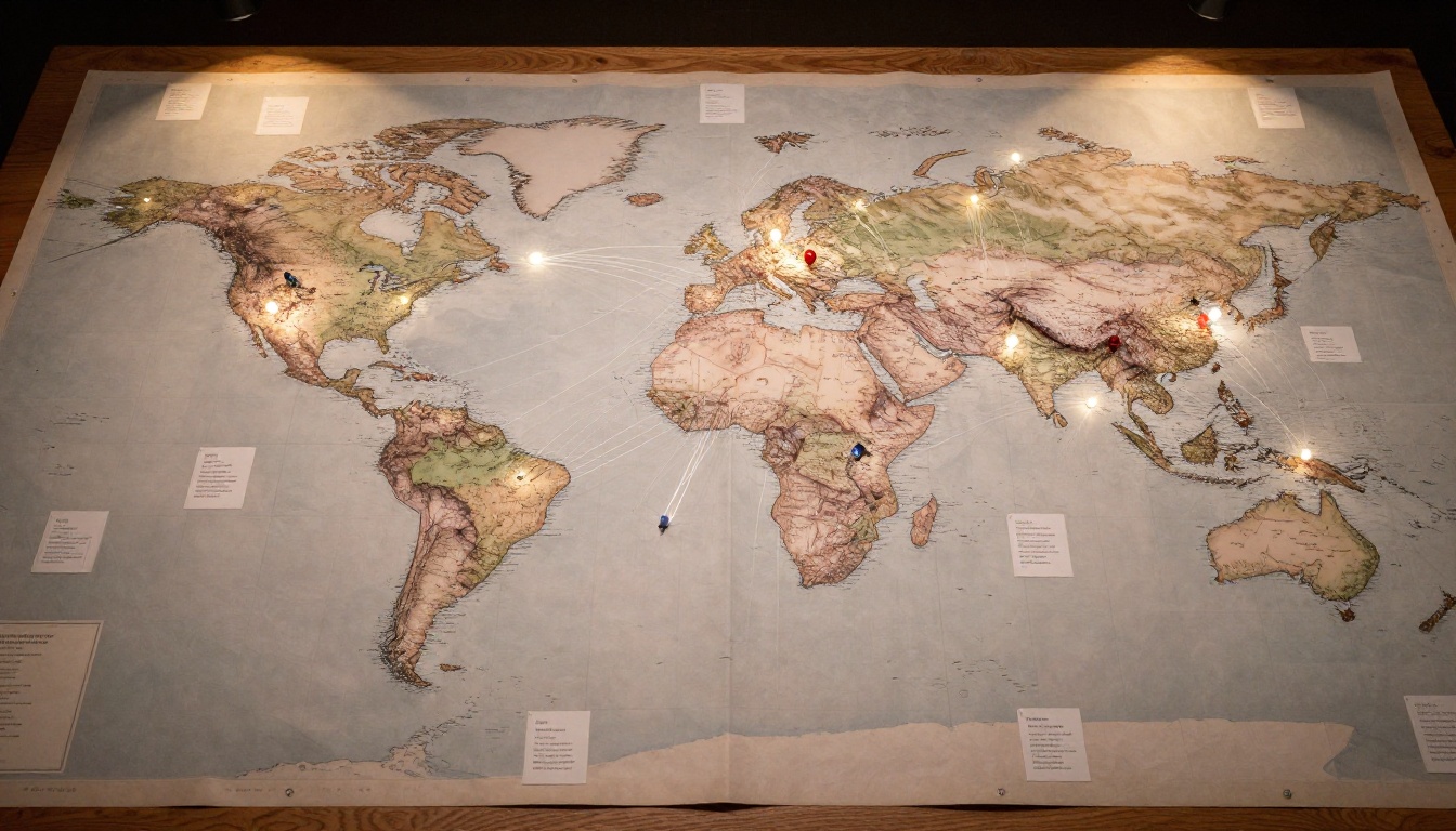 Aerial bird's-eye view of a world map with language markers across every continent