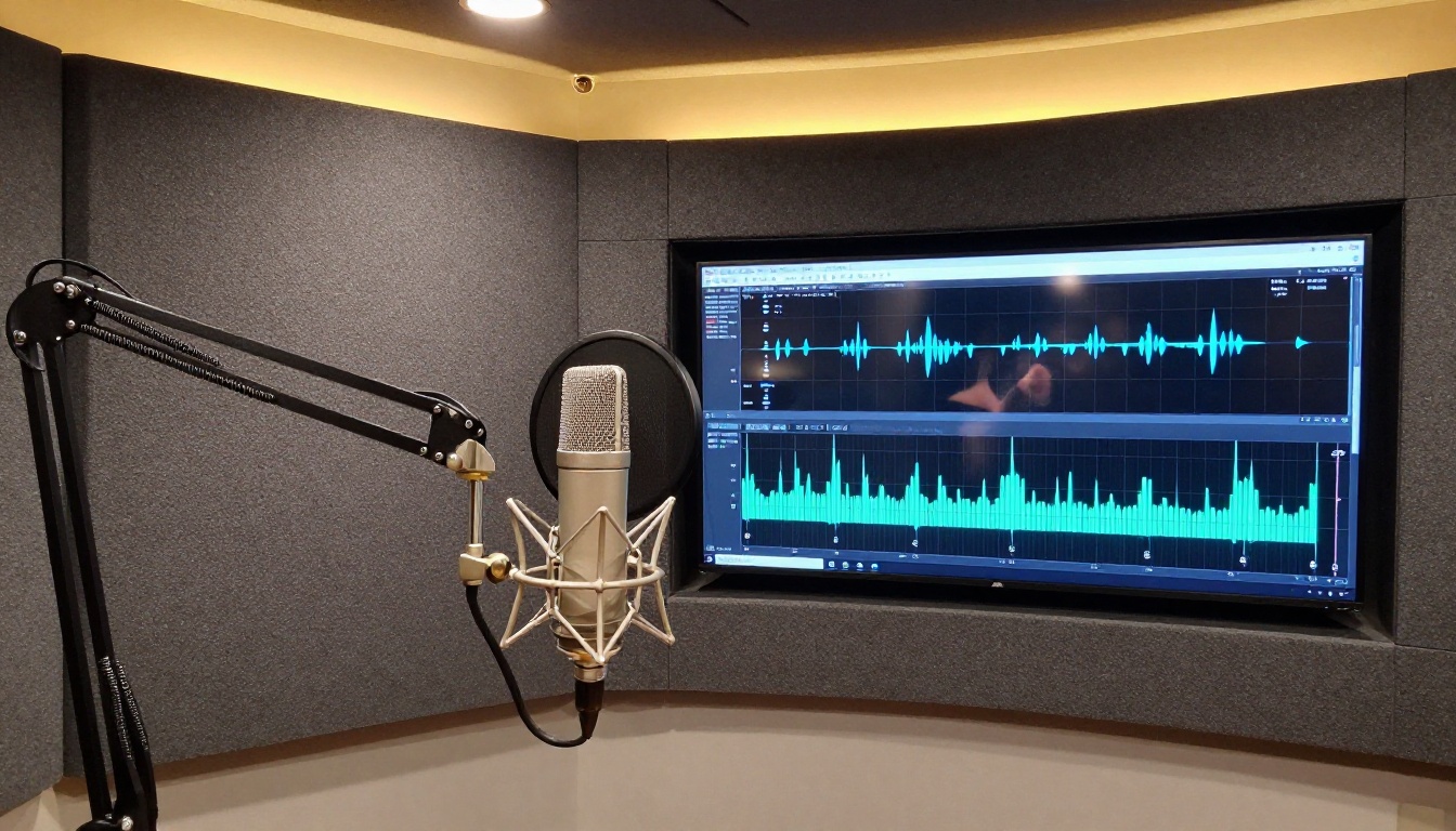 Professional audio recording studio with condenser microphone and multilingual waveform displays