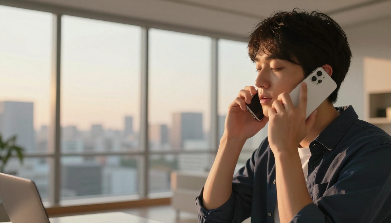 Japanese man listening to multilingual AI-generated audio on a smartphone in a modern apartment Japanese man listening to multilingual AI-generated audio on a smartphone in a modern apartment