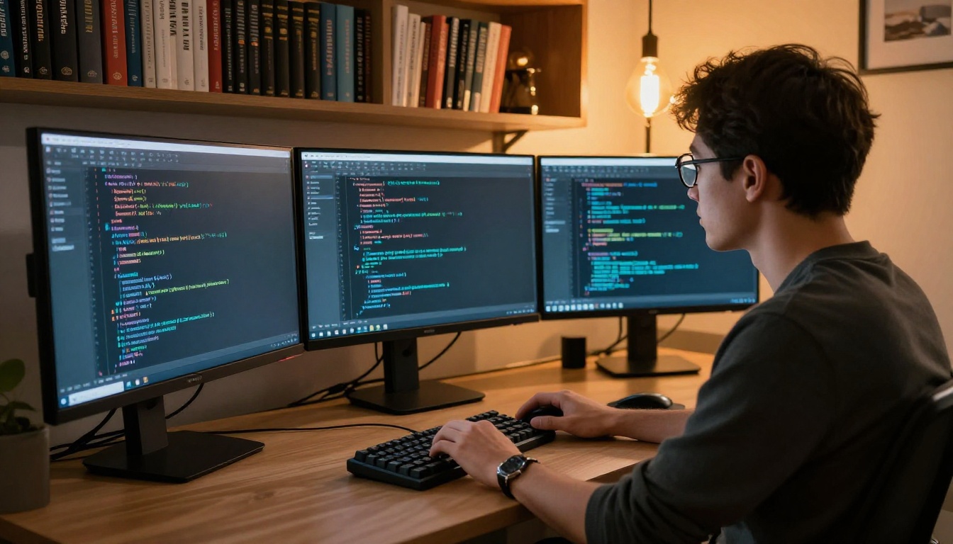Software developer integrating multilingual AI APIs across three monitors in a warm home office Software developer integrating multilingual AI APIs across three monitors in a warm home office