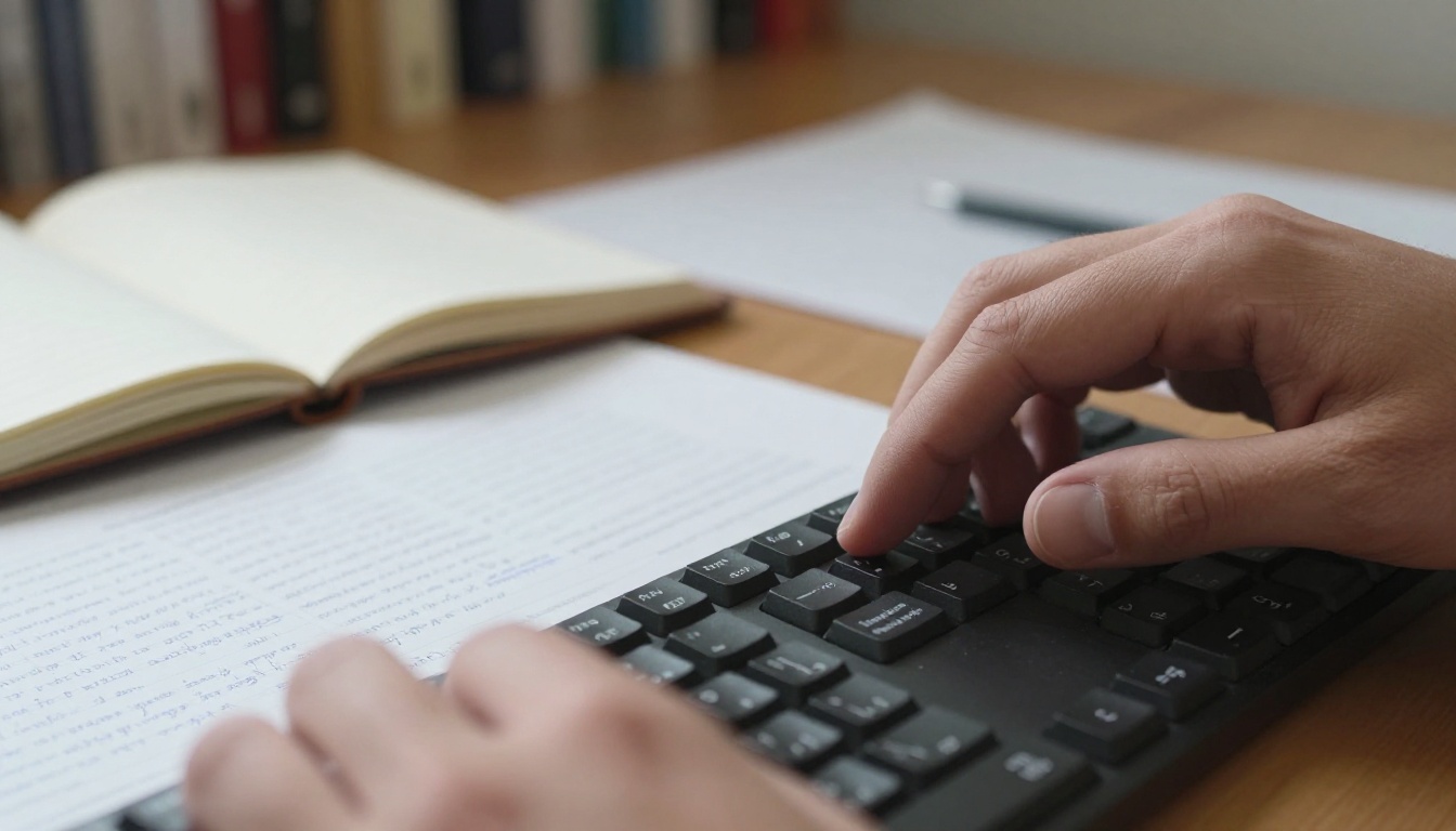 AI writer at a professional desk with research documents and keyboard close-up AI writer at a professional desk with research documents and keyboard close-up