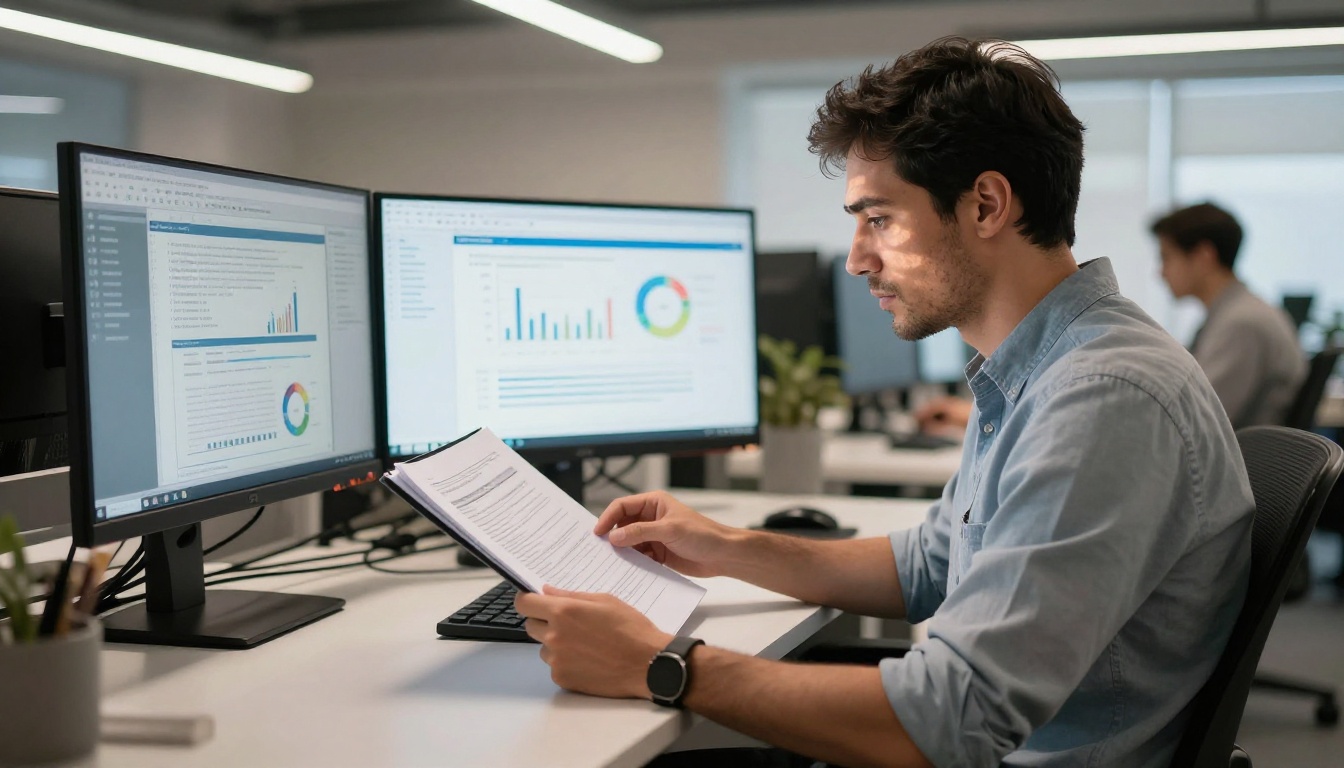 Male data analyst reviewing a thick printed report in a modern open-plan office Male data analyst reviewing a thick printed report in a modern open-plan office