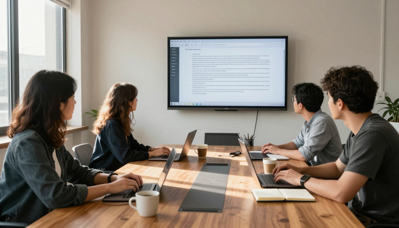Content team collaborating around a table with AI text displayed on a wall screen Content team collaborating around a table with AI text displayed on a wall screen
