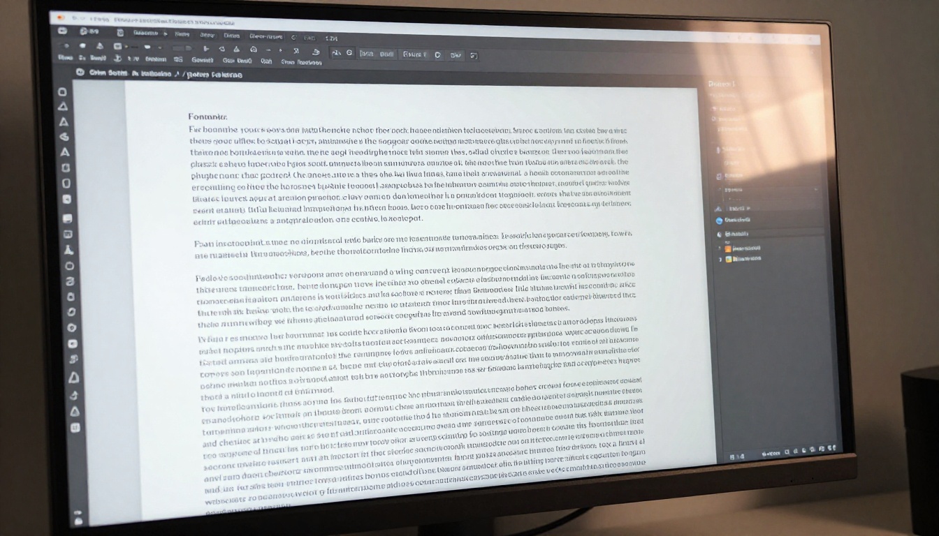 Close-up of a monitor screen displaying a long-form document in a clean text editor Close-up of a monitor screen displaying a long-form document in a clean text editor
