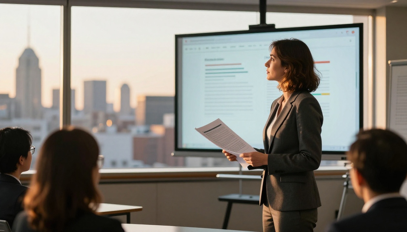 Female professional presenting a bound long-form report to a conference audience Female professional presenting a bound long-form report to a conference audience
