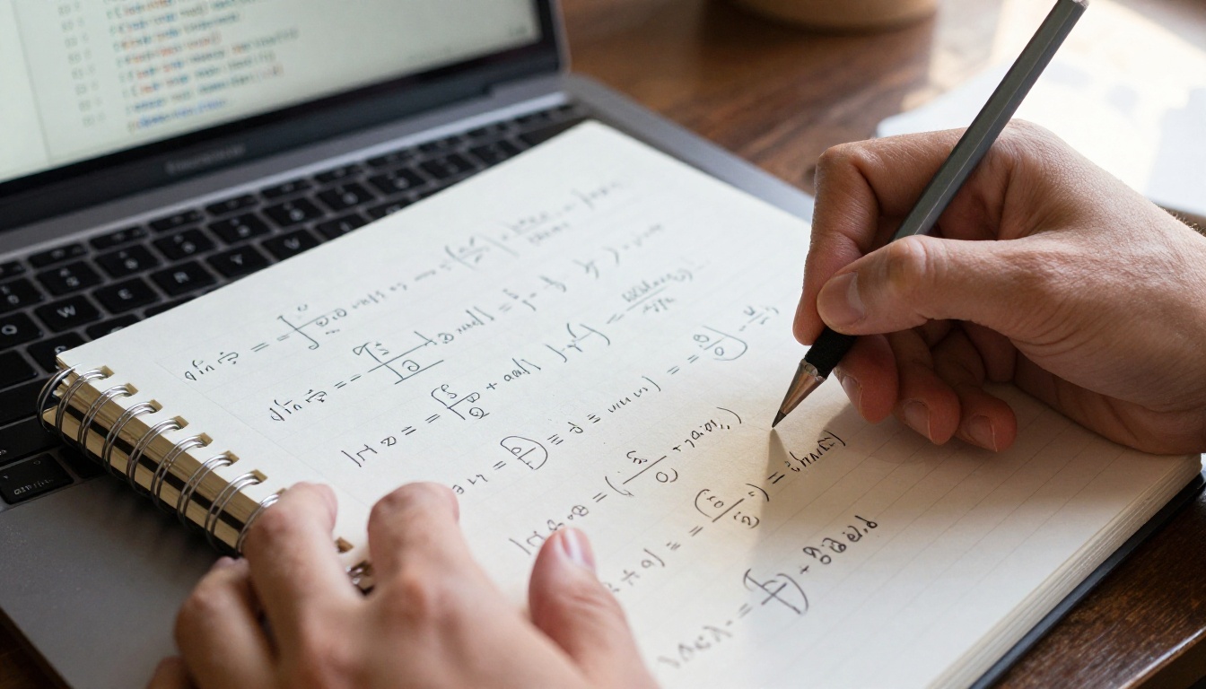 AI reasoning chains being written in a notebook with a laptop displaying terminal output in the background