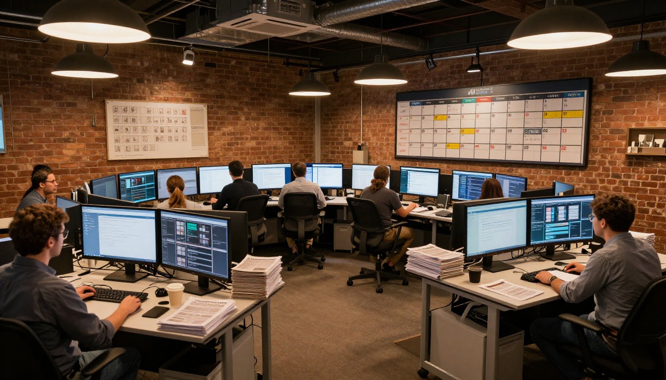 Wide shot of a digital newsroom with journalists at individual workstations under warm amber pendant lighting Wide shot of a digital newsroom with journalists at individual workstations under warm amber pendant lighting