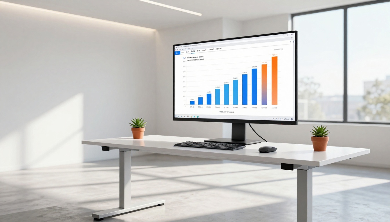 Benchmark performance bar charts displayed on a 4K monitor in a bright minimalist office