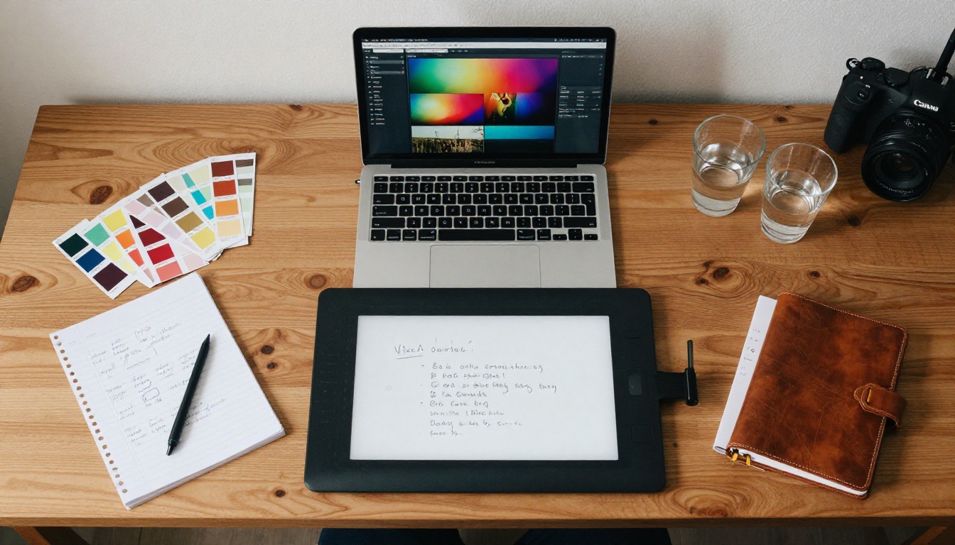 A graphic designer's overhead flat lay workspace with a tablet, keyboard, Pantone swatches, and a leather journal A graphic designer's overhead flat lay workspace with a tablet, keyboard, Pantone swatches, and a leather journal