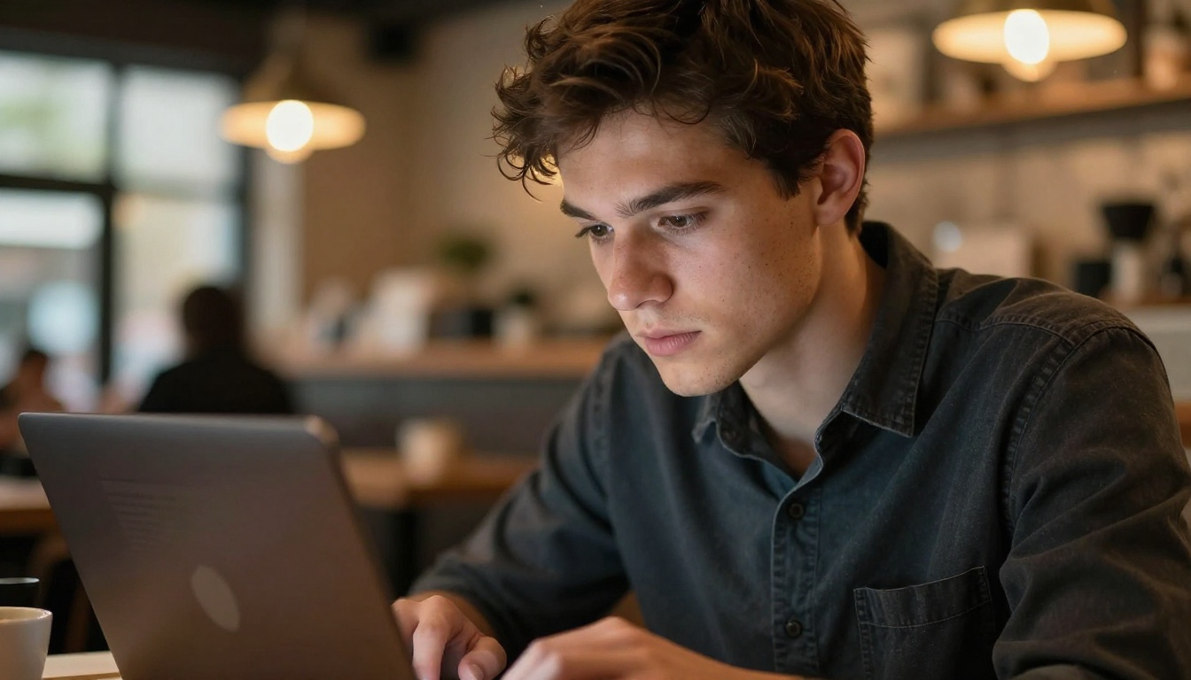 Young writer at a coffee shop focused on an open laptop with a long-form document on screen Young writer at a coffee shop focused on an open laptop with a long-form document on screen