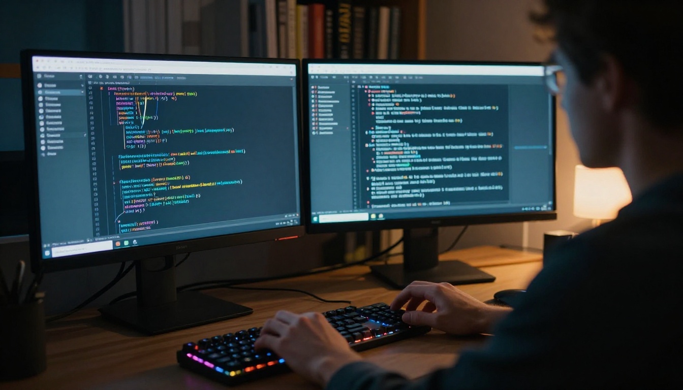 Software developer testing AI models late at night with a dual-monitor setup showing code and AI chat interfaces